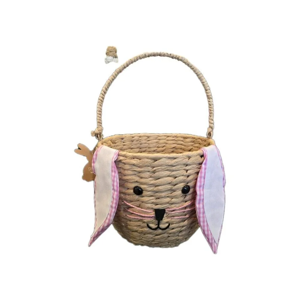 New Large Farmhouse Woven Rattan Pink Bunny Easter Basket W/ Ears Kids Girl